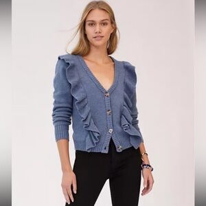 Anthropologie Sweater Cardigan Small Blue Ruffled Buttons Cottagecore Academia